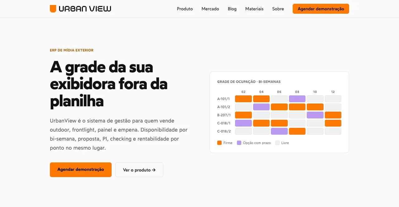 Página inicial da Urban View com a grade de ocupação por bi-semana