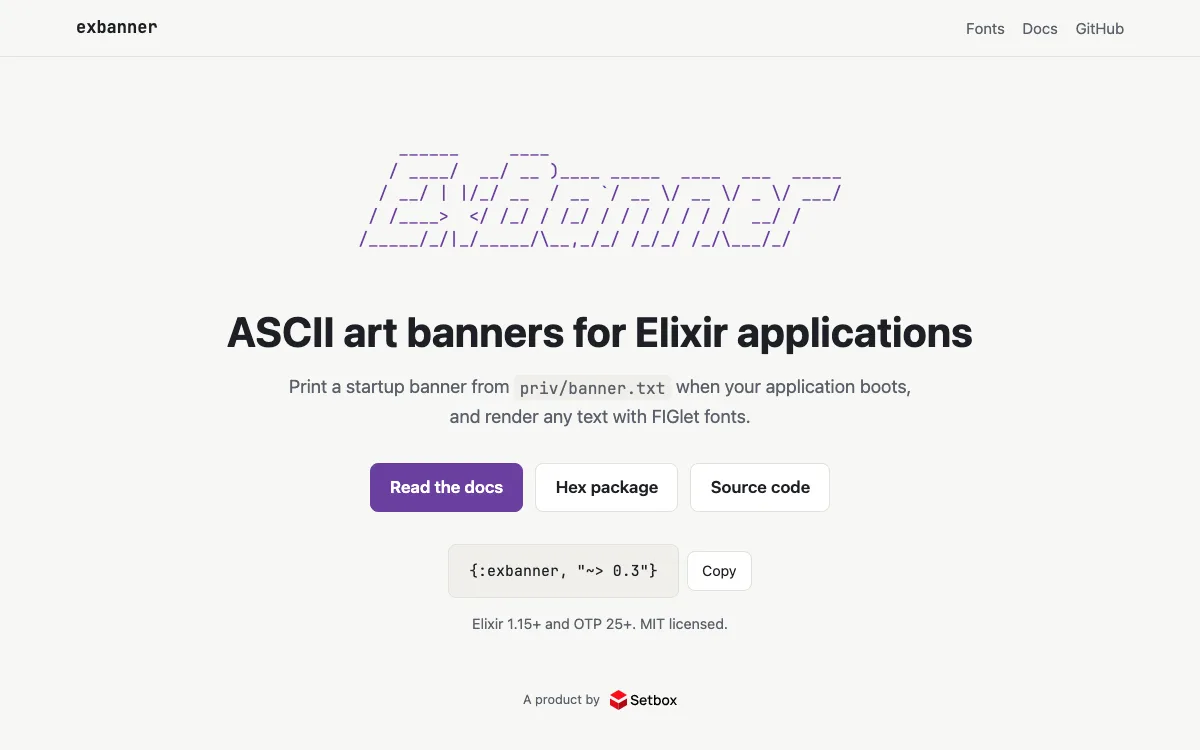 Página inicial do ExBanner com o nome desenhado em arte ASCII