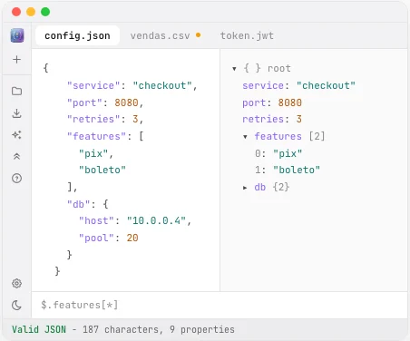 Loupe com o editor e a árvore de um arquivo JSON