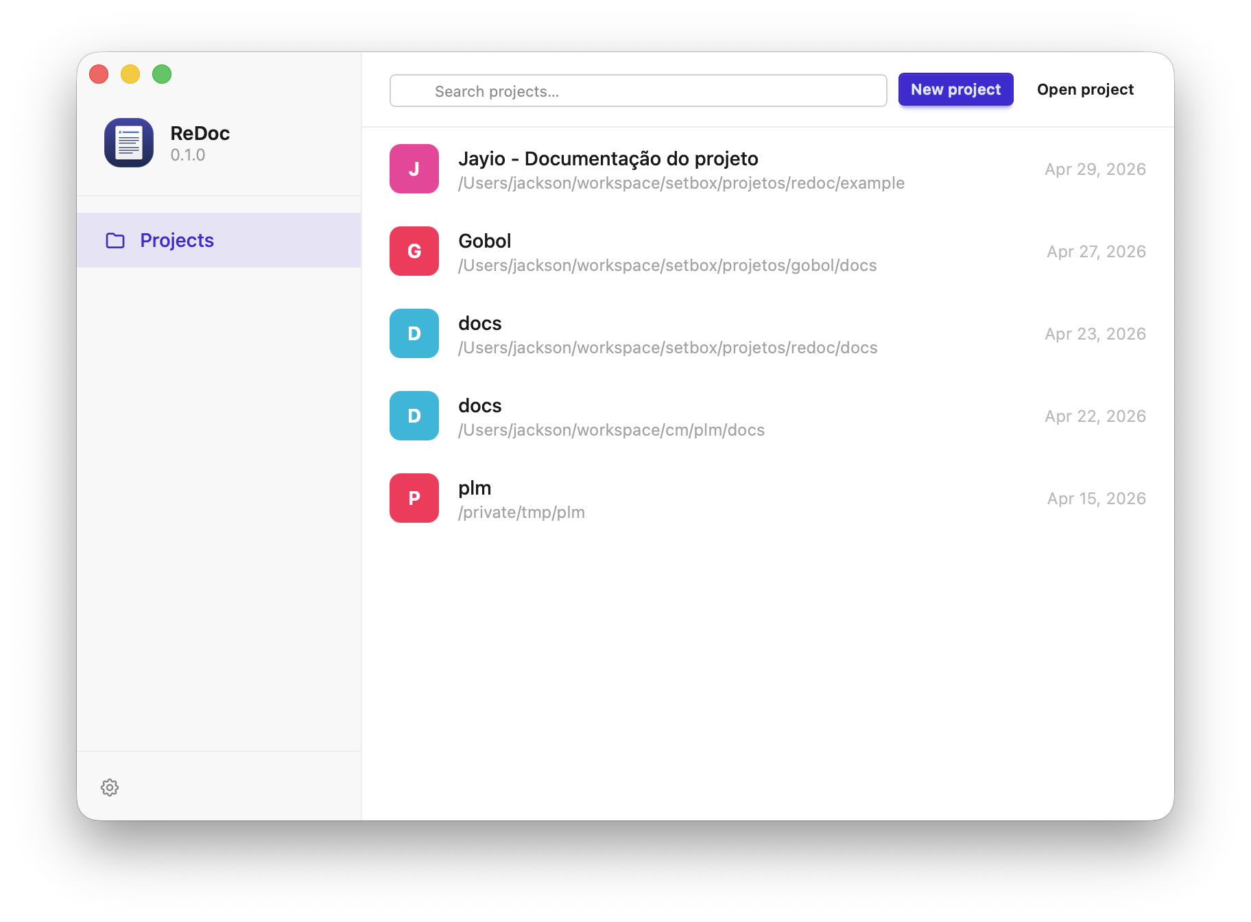 ReDoc - lista de projetos